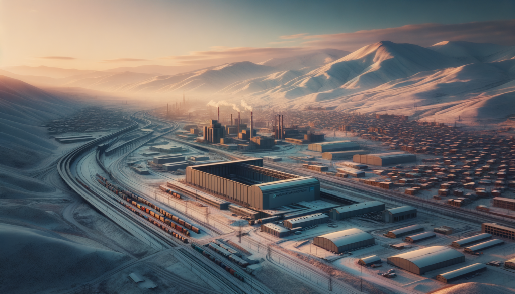 Kars’ta karla kaplı sanayi arsasında modern depo ve tesisler, arka planda demiryolu ve lojistik merkez.