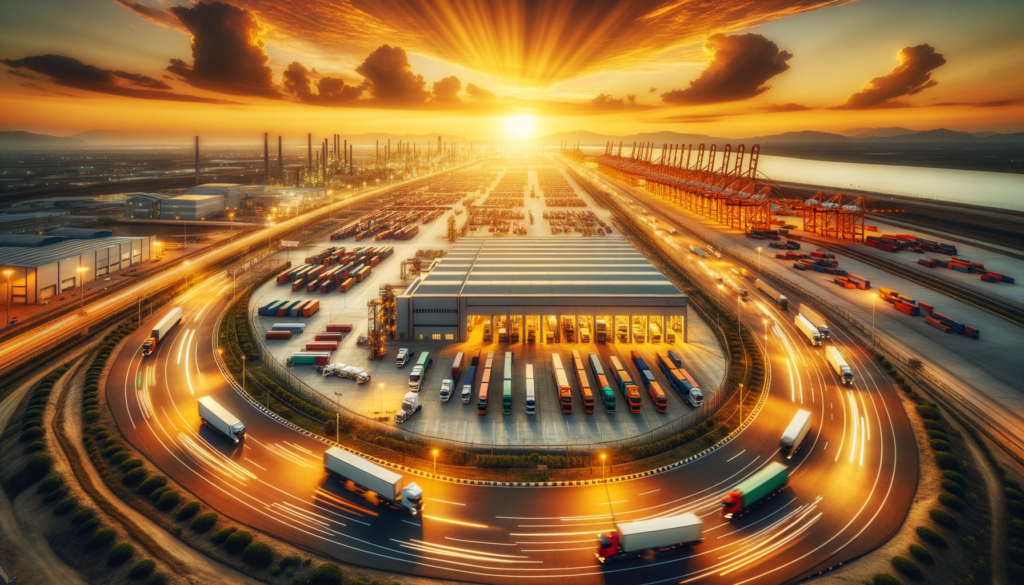 Kilis'te sanayi arsası, çevresinde hareketli tırlar ve modern lojistik tesisleriyle birlikte, geniş endüstriyel alan görüntüsü.