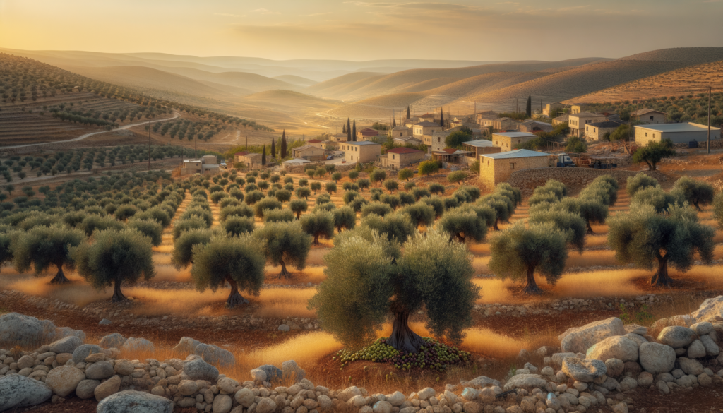 Kilis kırsalında, olgun zeytin ağaçlarıyla çevrili, doğal taş sınırlarla belirlenmiş bir zeytinlik arazisi