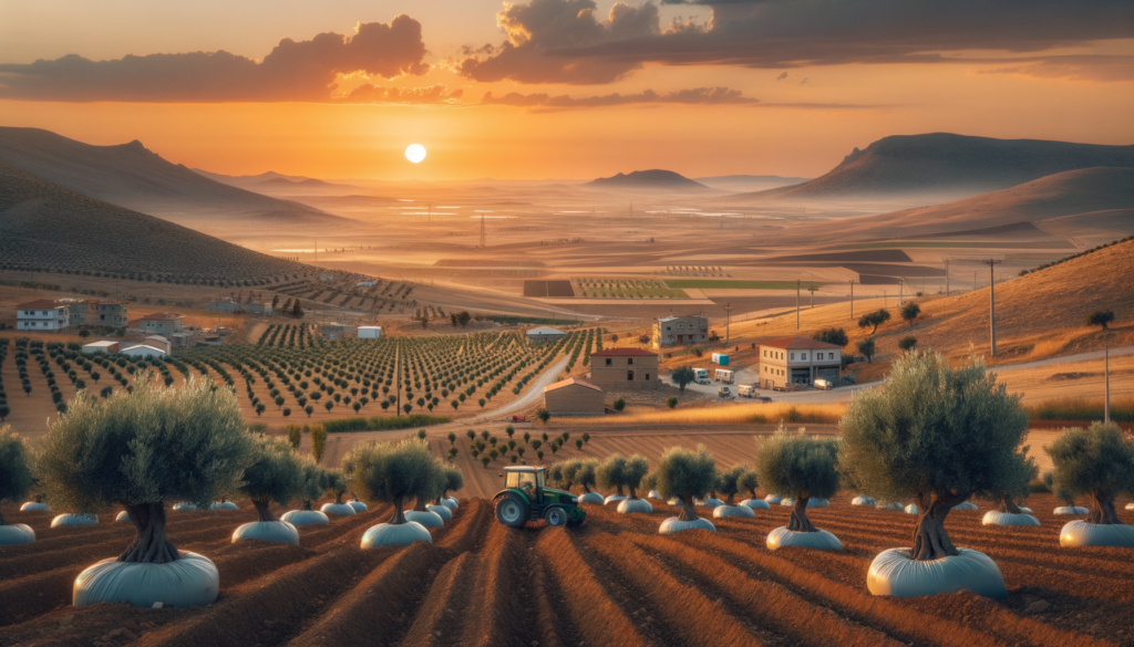 Kırıkkale kırsalında yeni kurulan bir zeytinlik ve tarım arazisi, köy evleri ve bozkır manzarası eşliğinde.