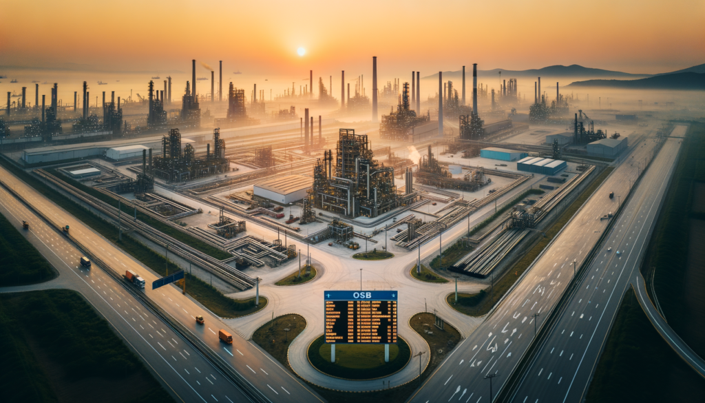 Kocaeli sanayi bölgesinde gün doğumunda çekilmiş, ön planda boş sanayi arsası ve arka planda aktif fabrikalar ile liman ve otoyol bağlantıları.