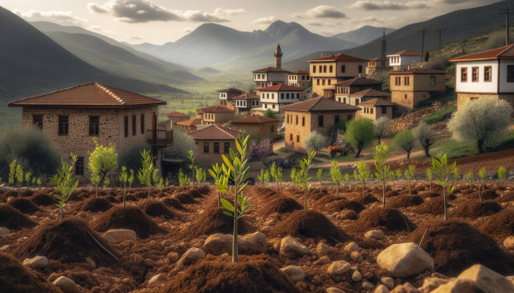 Kütahya'da bahar mevsiminde yeni dikilmiş zeytin fidanları ve arka planda Anadolu köy evleriyle doğal bir zeytinlik manzarası.