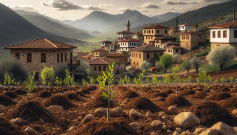 Kütahya'da bahar mevsiminde yeni dikilmiş zeytin fidanları ve arka planda Anadolu köy evleriyle doğal bir zeytinlik manzarası.
