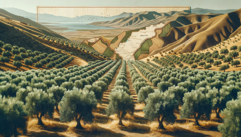 Malatya'da tipik bir zeytinlik arazisi ve arkada bölgenin karakteristik dağ manzarası.