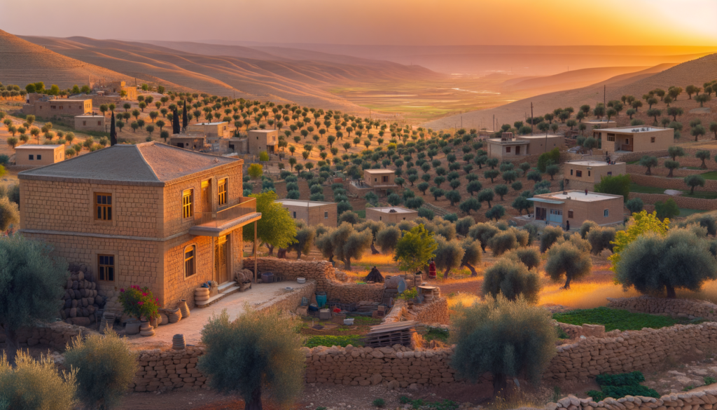 Mardin’de gün batımında uzanan zeytinlik araziler ve geleneksel taş evler