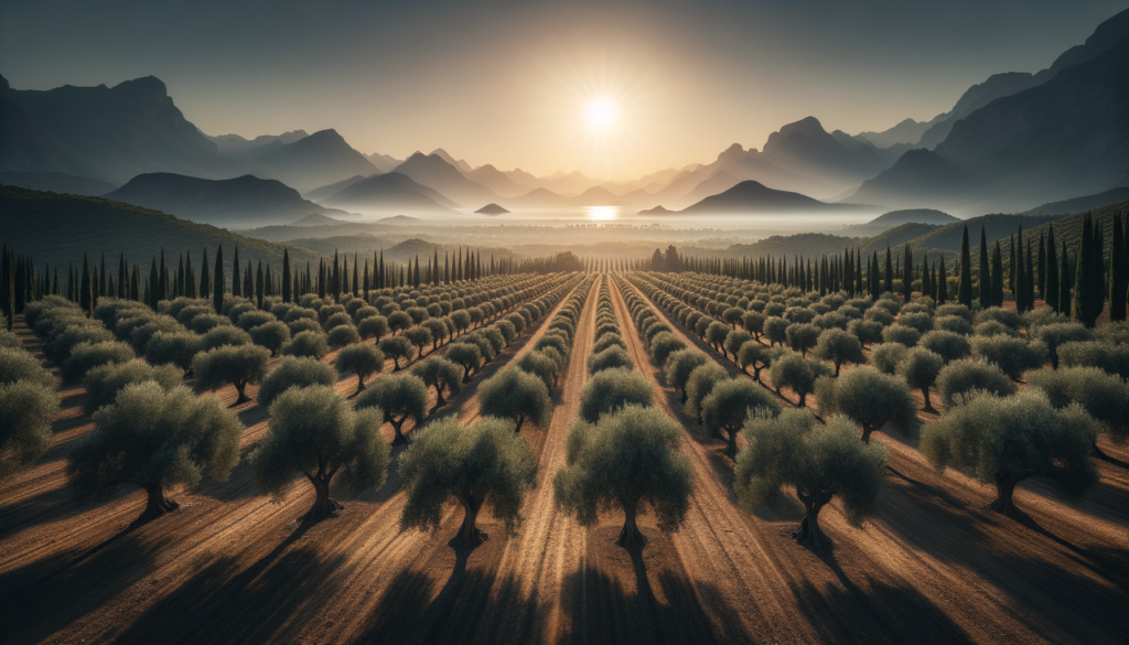 Mersin kırsalında, olgun zeytin ağaçları ve uzakta Toros Dağları manzaralı bir zeytinlik.