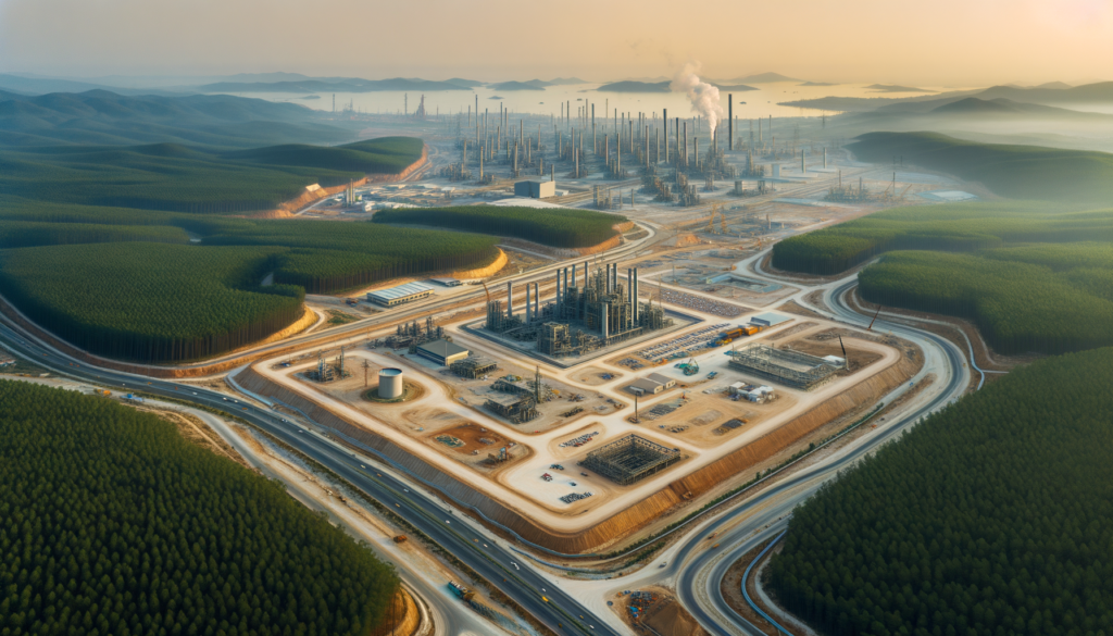 Muğla’da altyapısı bulunan düz bir sanayi arsası, arka planda orman ve fabrikalar.