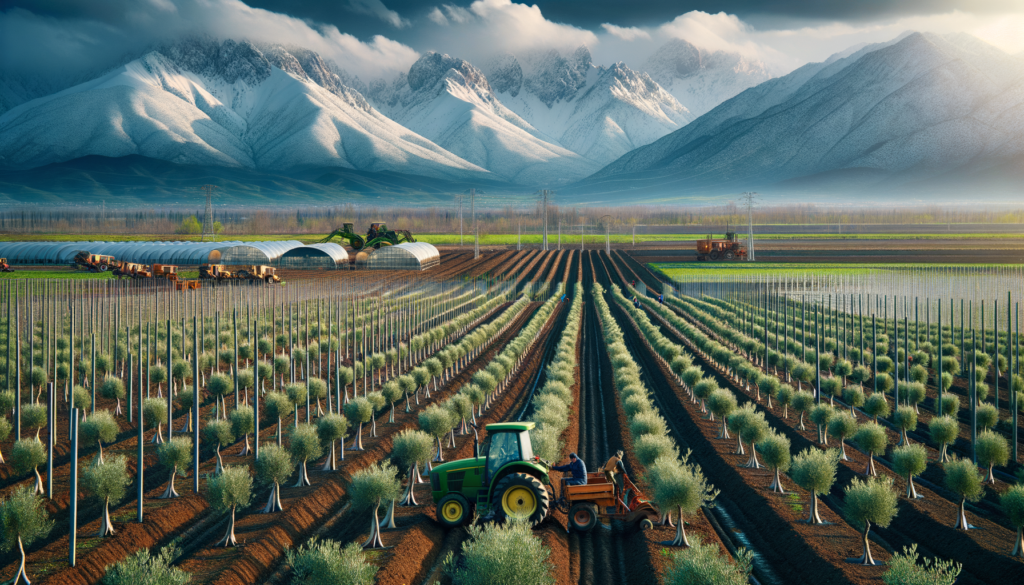 Muş’ta karla kaplı dağların eteğinde yer alan genç zeytin fidanlarıyla kurulmuş tarım arazisi ve çalışan çiftçiler