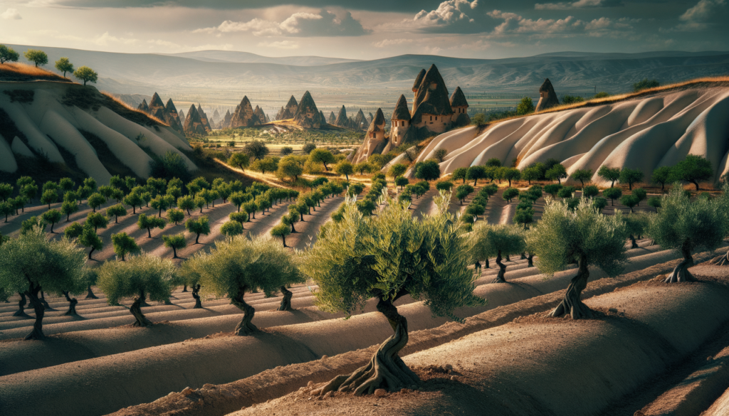 Nevşehir'de taşlı toprak üzerine kurulu zeytinlik ve arka planda peri bacaları