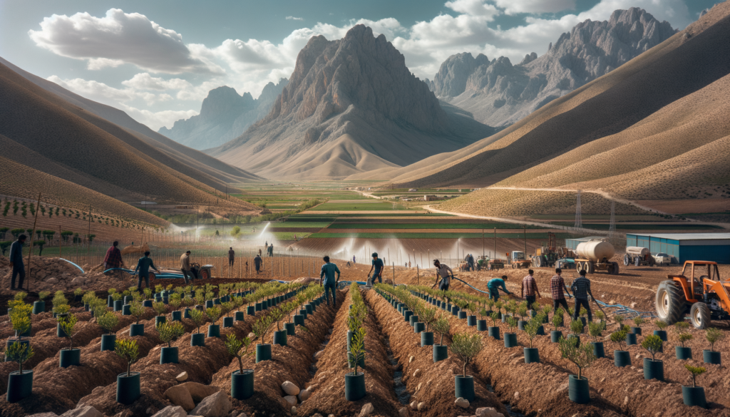 Niğde’de hafif eğimli topraklarda yetişen zeytinlik ve arka planda Niğde dağları.