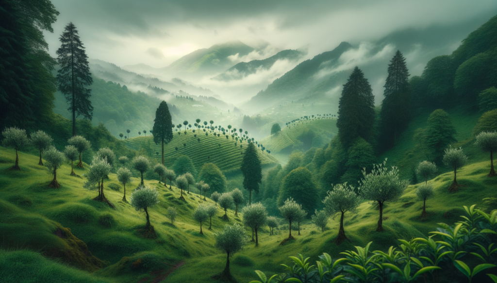 Rize’de yağmurlu bir yamaçta, genç zeytin fidanları ve arkada Karadeniz’in tipik dağ manzarası.