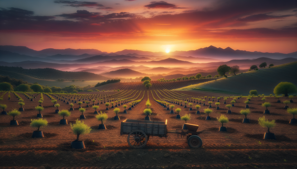 Tokat’ta yeni kurulmuş bir zeytinlik, verimli topraklar üzerinde genç zeytin ağaçları ve arka planda Tokat’ın doğal manzarası