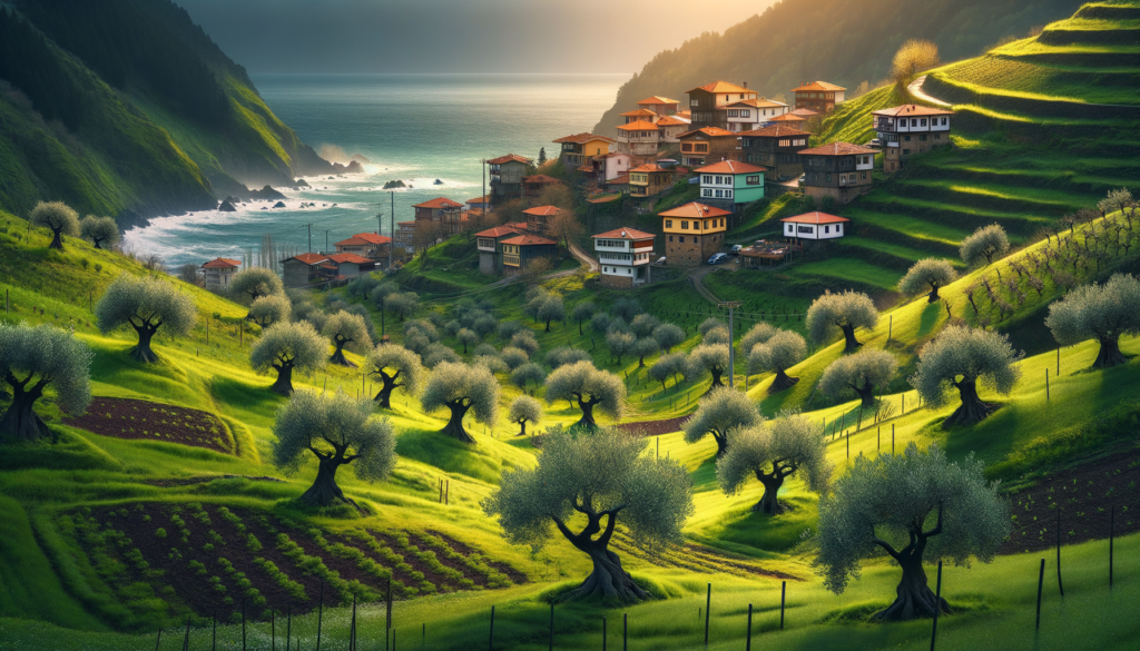 Trabzon kıyısında, hafif eğimli bir arazide sıralanmış zeytin ağaçları ve arka planda Karadeniz’in göründüğü tipik Trabzon köyü manzarası.
