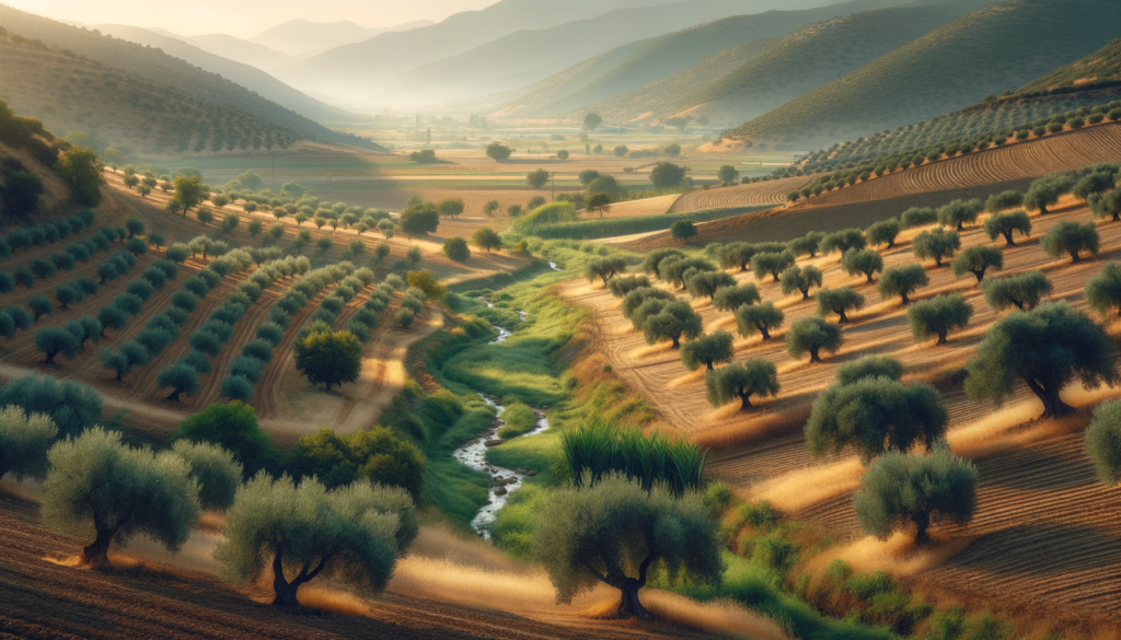 Uşak’ta sabah güneşinde olgunlaşan zeytin ağaçları ve tipik Ege kırsalında bir zeytinlik manzarası.