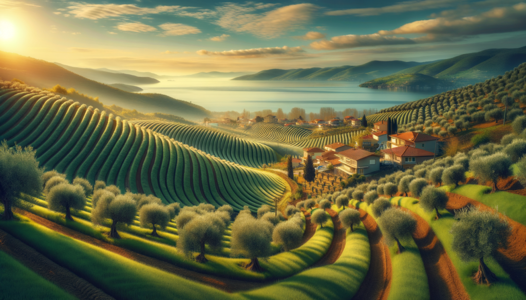 Yalova'da sabah ışığında Marmara Denizi’ne yakın, doğal kırsal manzarada bakımlı bir zeytinlik arazi.