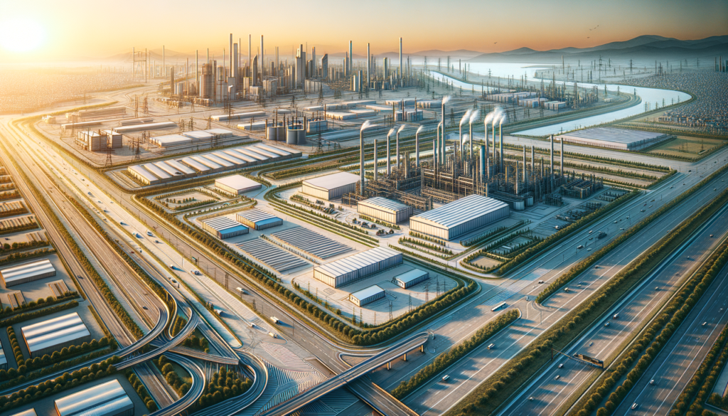 Ankara'da altyapısı hazır bir sanayi arsası ve arka planda modern fabrikalar ile ulaşım yolları