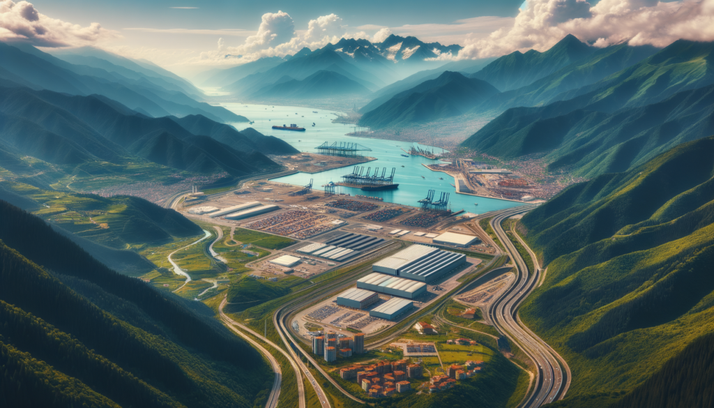 Artvin’de ulaşım akslarına yakın, altyapısı tamamlanmış sanayi arsaları ve lojistik tesisler, arkada dağ ve liman manzarası.