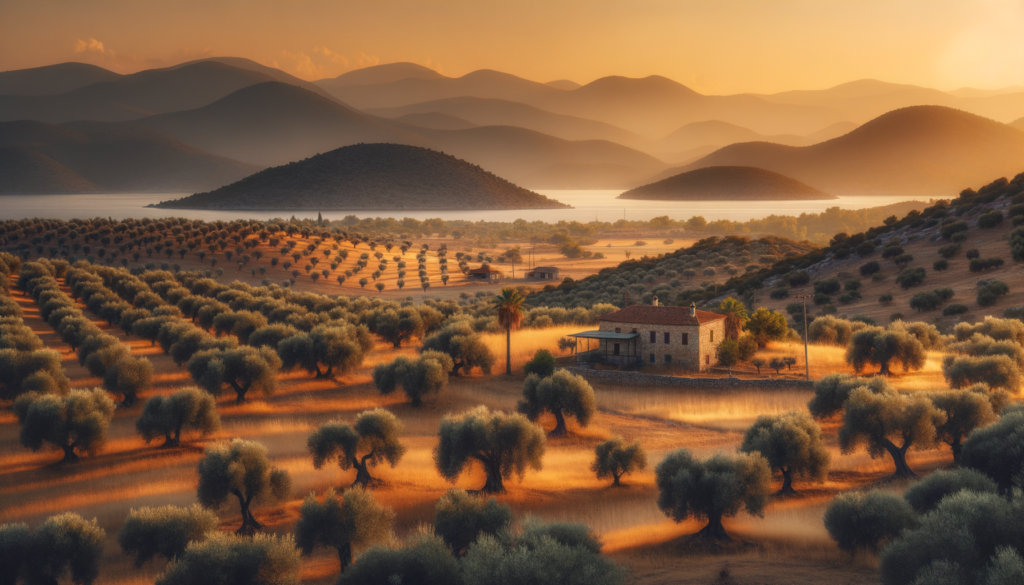 Muğla’da gün batımında zeytinlik manzarası ve taş çiftlik evi