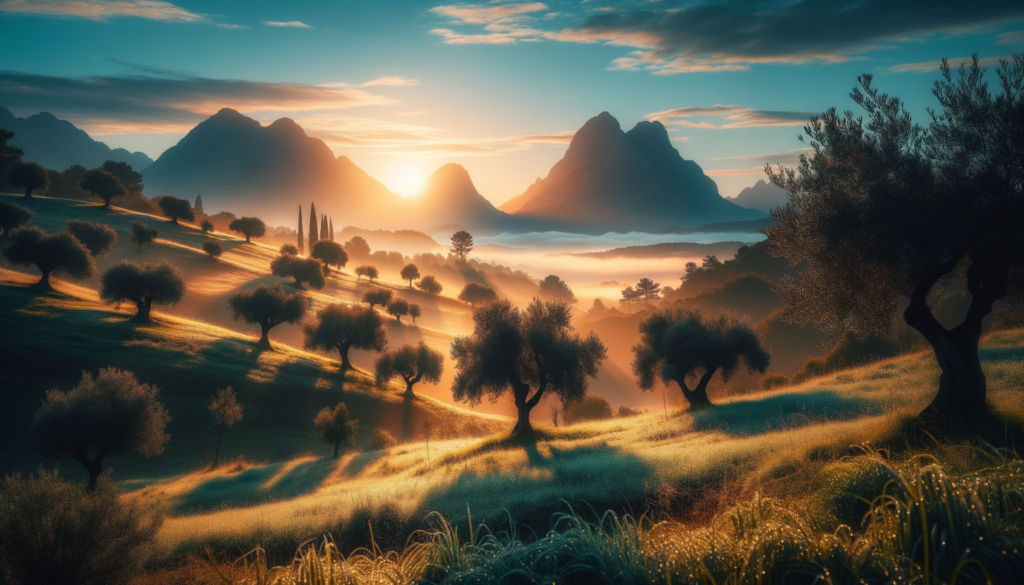 Muğla’da sabah saatlerinde zeytin ağaçları, doğal kırsal manzara ve arka planda dağlar