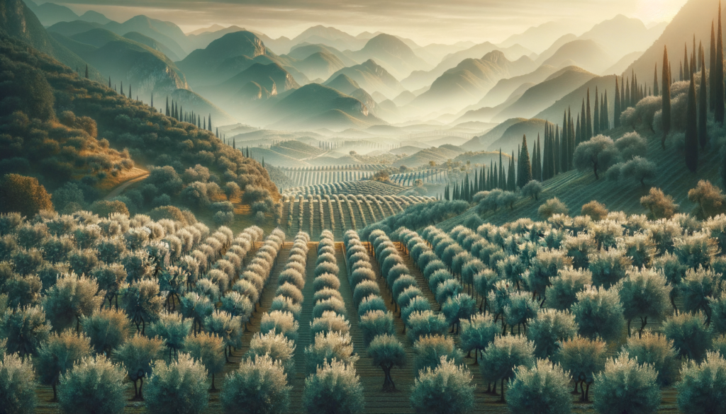 Sakarya’da tipik bir zeytinlik arazisi, sıralı zeytin ağaçları ve arka planda yemyeşil doğa manzarası.