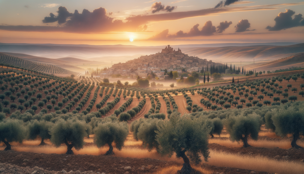 Şanlıurfa’da zeytinlik arazisi ve zeytin ağaçları arasında gün batımı.