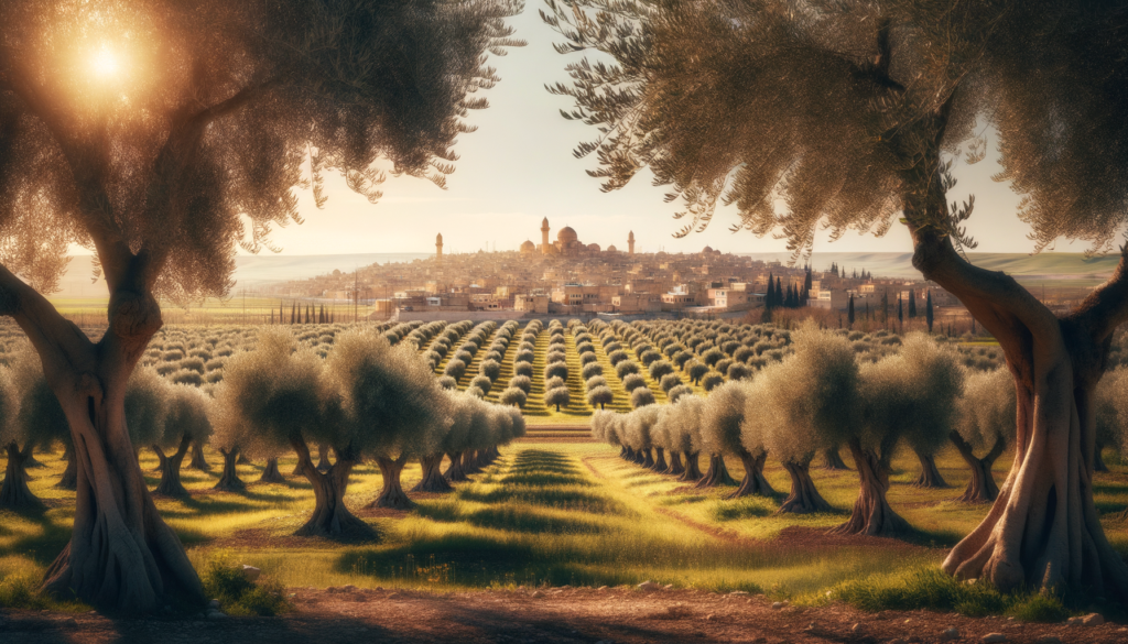 Şanlıurfa'da geleneksel taş evlerin ve Harran kubbelerinin arasında uzanan zeytinlikler