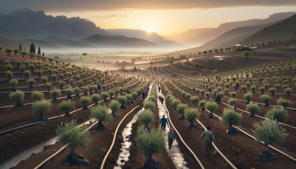 Siirt’te genç zeytinlikler, dağ manzarası ve tarım işçileriyle verimli bir tarım arazisi.