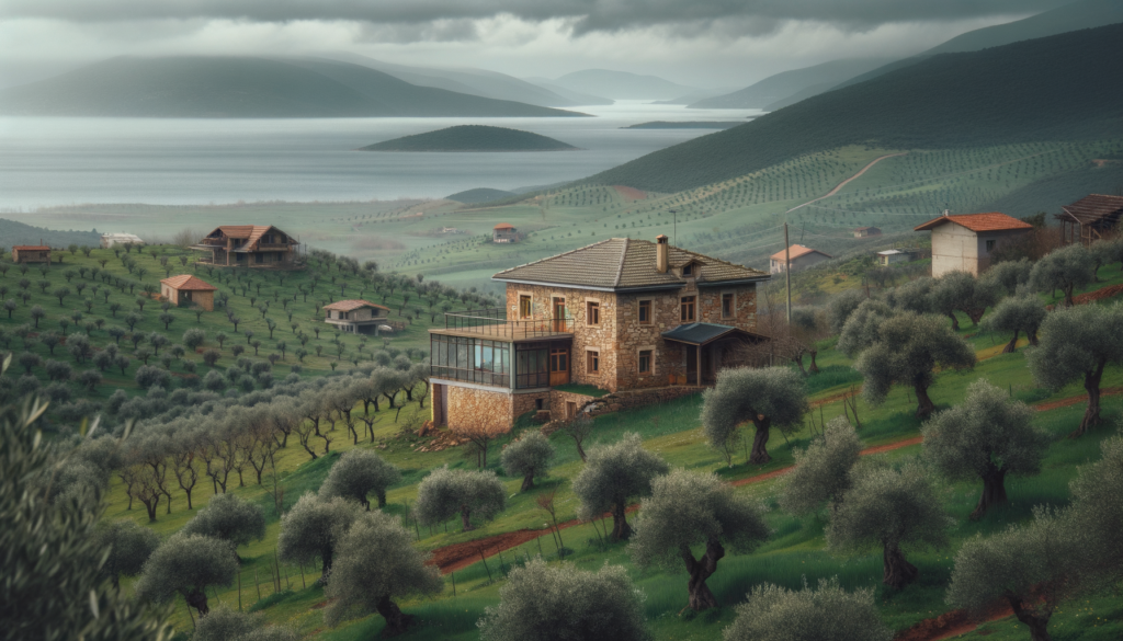 Sinop’ta genç zeytin ağaçlarının yer aldığı kırsal tarım arazisi ve arka planda Karadeniz manzarası.