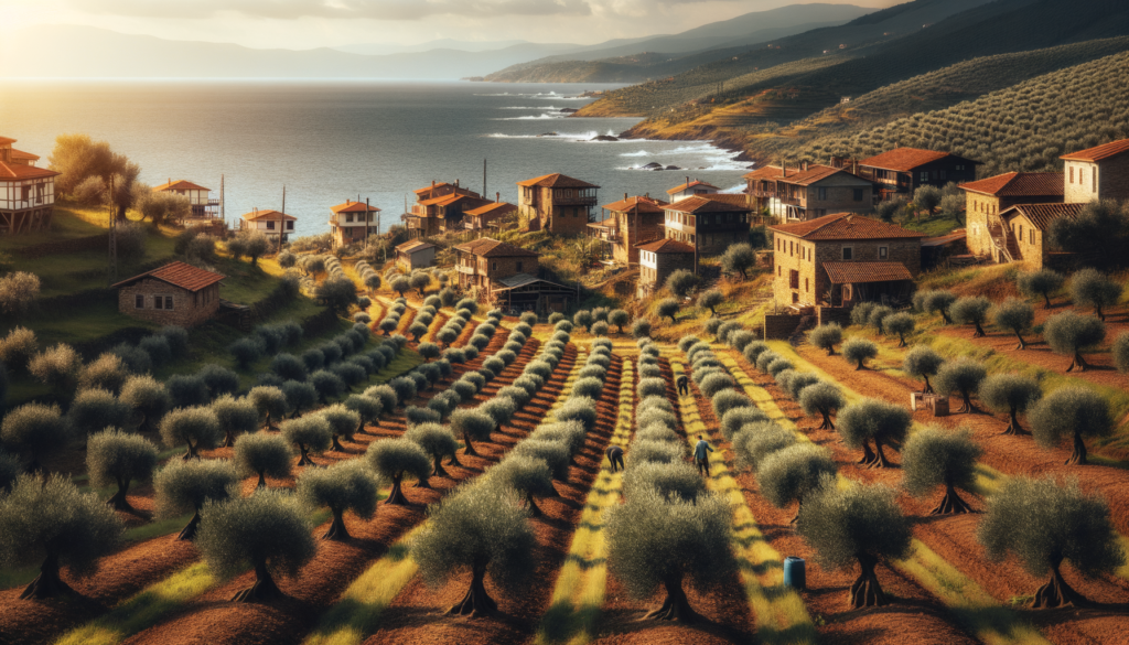 Sinop kıyılarında deniz manzaralı bir arazide yer alan zeytinlik ve tipik Karadeniz köy evleri