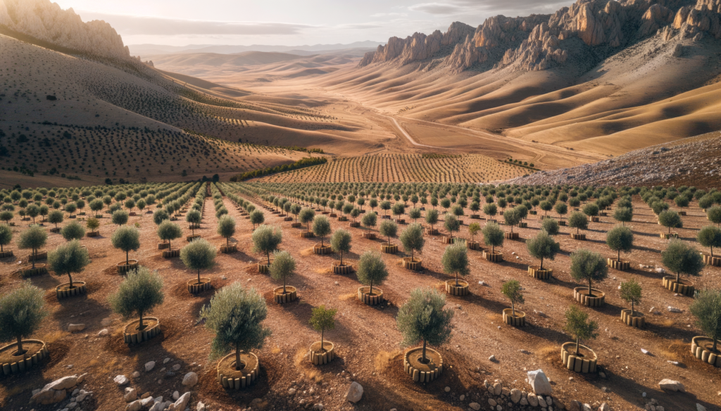 Sivas kırsalında genç zeytin fidanlarının dikili olduğu bir zeytinlik ve arka planda Sivas’ın doğal bozkır manzarası