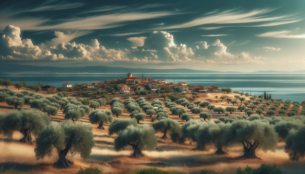 Tekirdağ’da deniz manzaralı, bakımlı zeytin ağaçları ve geleneksel Trakya köyüyle çevrili özgün bir zeytinlik.