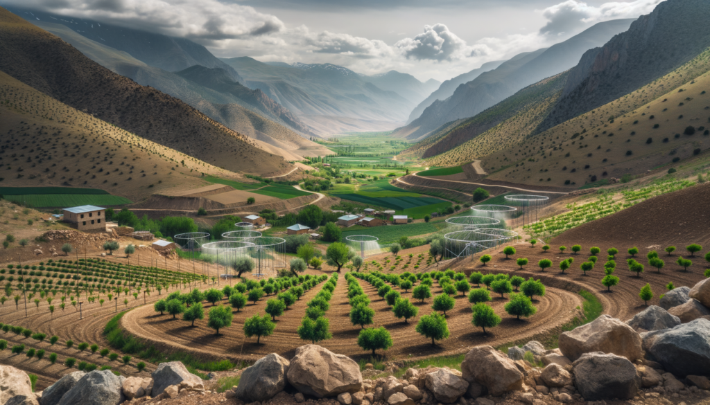 Tunceli'de genç zeytinlikler, dağ manzarası, vadide tarım arazileri ve köy evleriyle çevrili.
