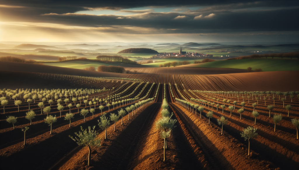 Yozgat’ta genç zeytin fidanlarının sıralandığı tarım arazisi ve ufukta ilçe silueti