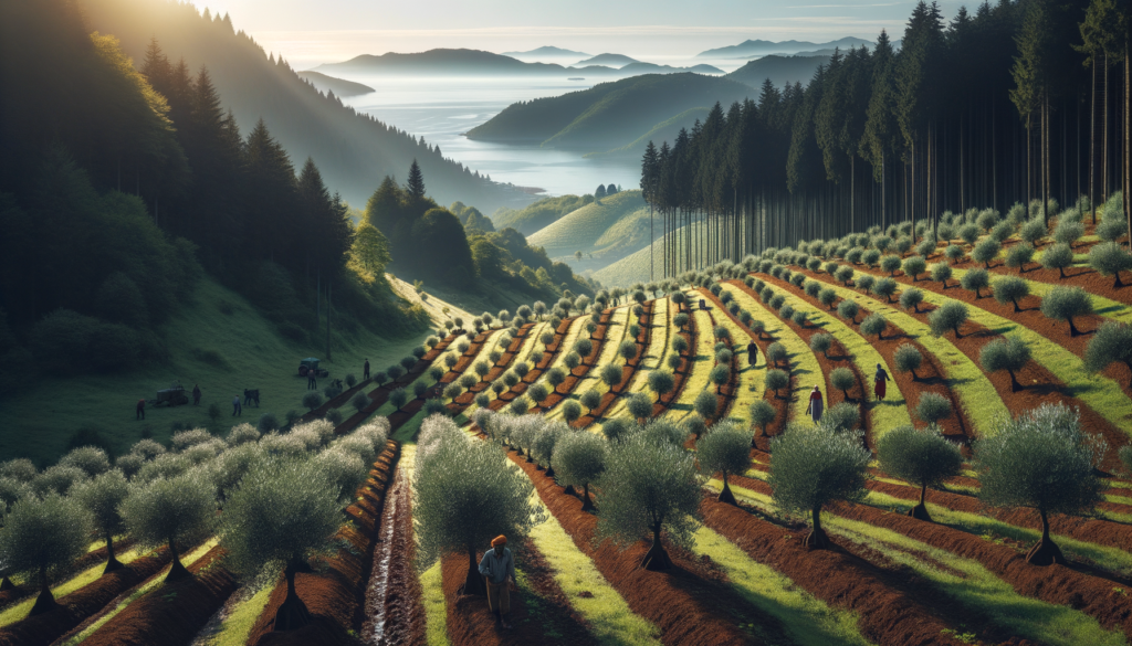 Zonguldak’ta doğal bir arazide, genç zeytin ağaçları ve Karadeniz ormanları manzarası